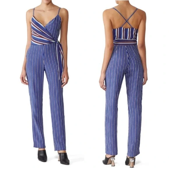NEW Rag & Bone Felix Striped Blue Silk V Neck Jumpsuit $595 Size 0 - Picture 11 of 13